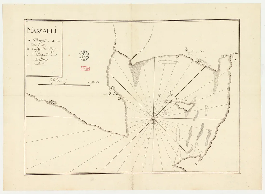 Carte ancienne en noir et blanc d'une baie, avec ses côtes, ses îlots et des indications de profondeur.